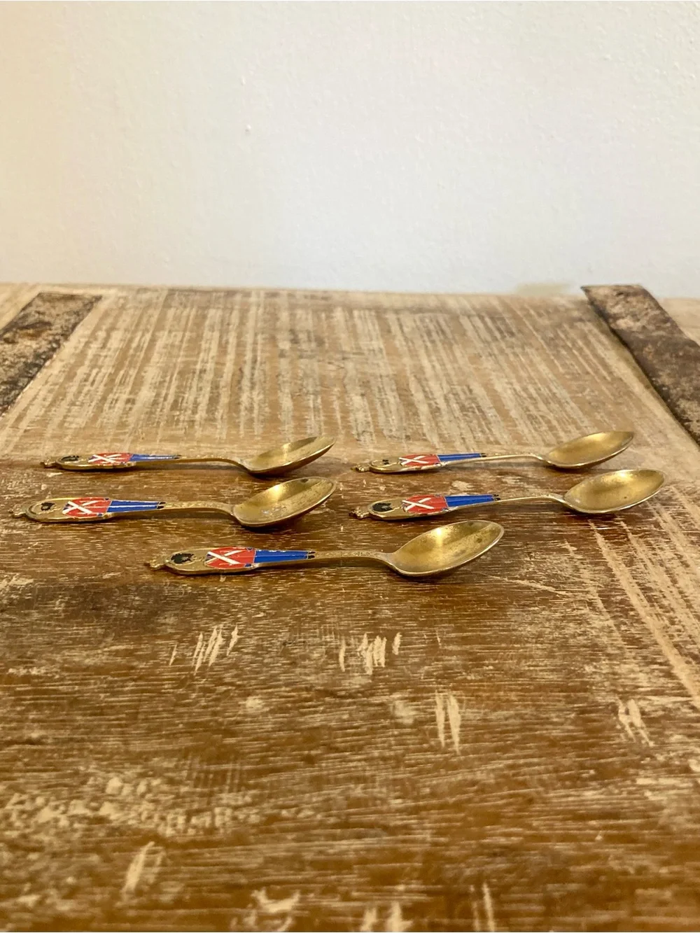 5 Vintage Gold Plated Souvenir Demitasse Spoons Denmark Soldiers